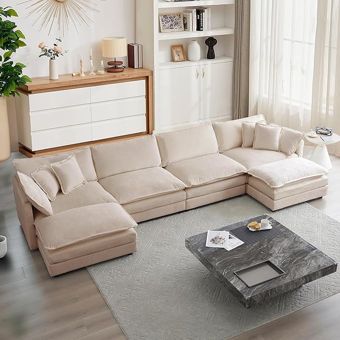 mikibama Modular Sectional Sofa, 146.5 Inch U Shaped Couch Set for Living Room, 4-Seater Comfy Cloud Couches with Two Movable Ottoman, DIY Combination, Chenille, Light Coffee