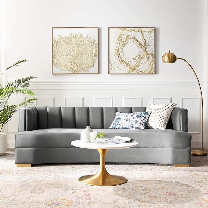 Modway Encompass Channel Tufted Performance Velvet Curved Sofa, Navy