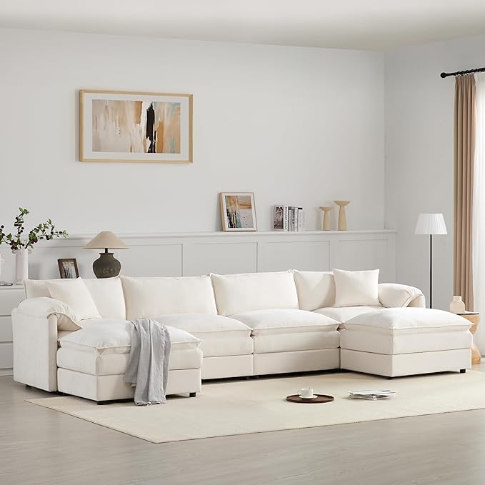 Merax 136" Chenille Modular Sectional Sofa, 6-Seat U-Shaped Oversized Cloud Couch Set, with Double Cushions and Movable Ottomans, Deep & Wide Seating, Cream