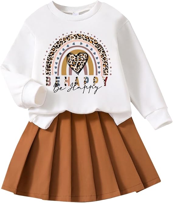 Toddler Girl Spring Fall Clothes - Fashion Letter Pattern Sweatshirt & Pleated Skirt - 2 Piece Cute Girls Suit