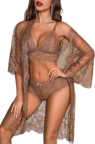 Avidlove Women Sexy Lingerie Set 3 Piece Bra and Panty Sets with Lace Kimono Robe Sleepwear Mesh Nightgown